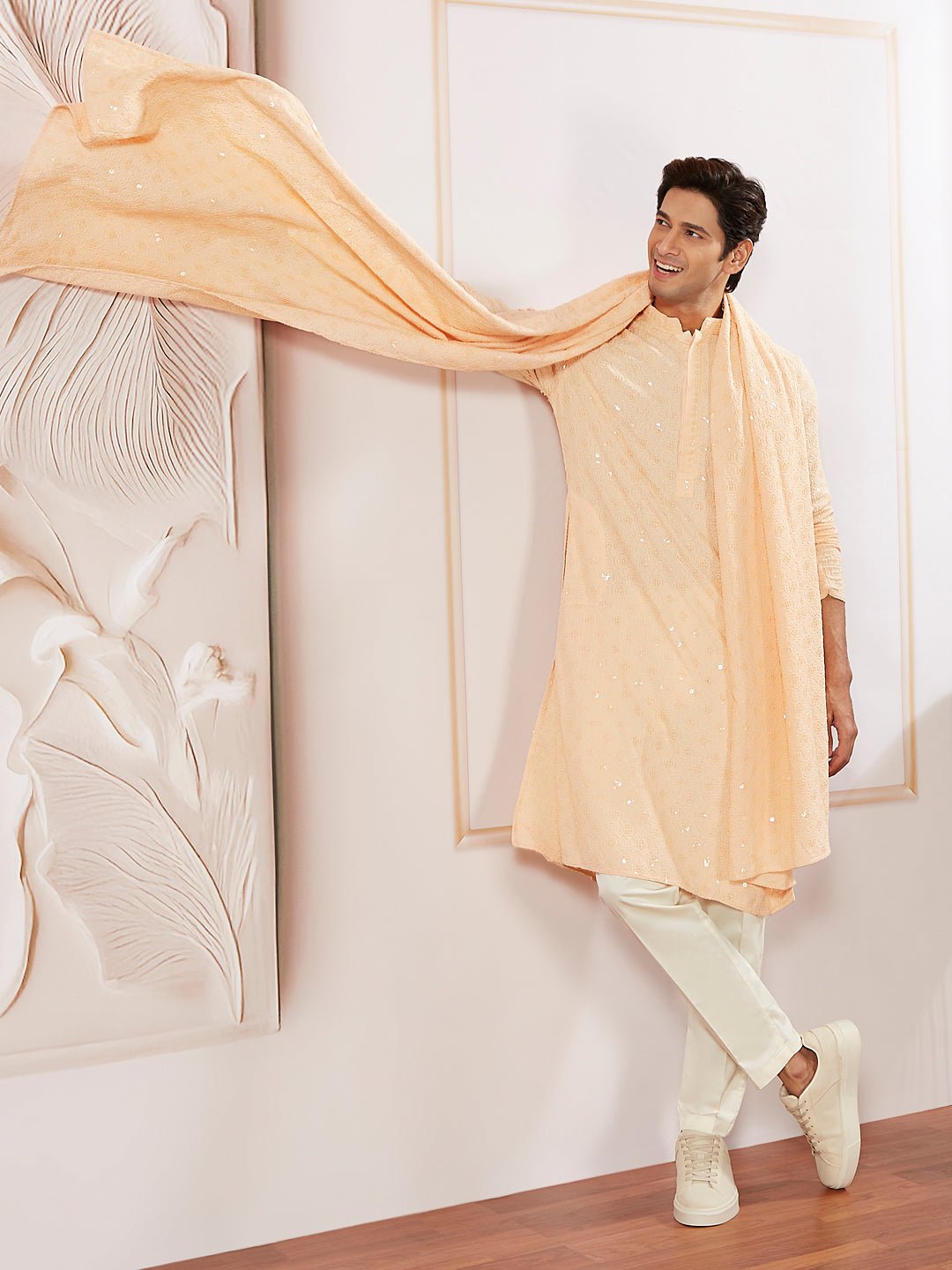 Men's Peach Silk Blend Embroidered Dupatta - view 5