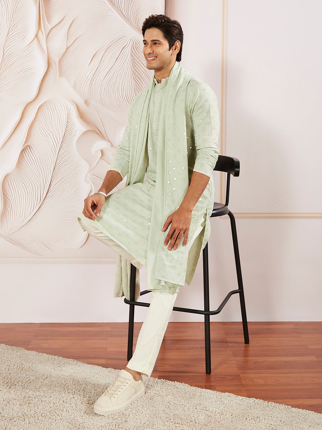 Men's Pista Green Silk Blend Embroidered Dupatta - view 3