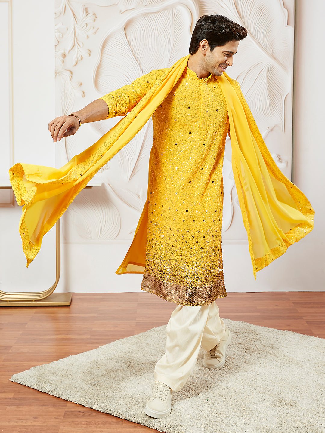 Men's Yellow Georgette Sequin Embroidered Dupatta - view 4
