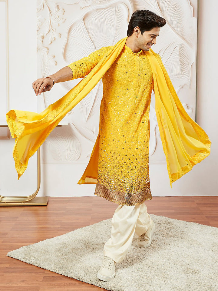 Men's Yellow Georgette Sequin Embroidered Dupatta - view 4