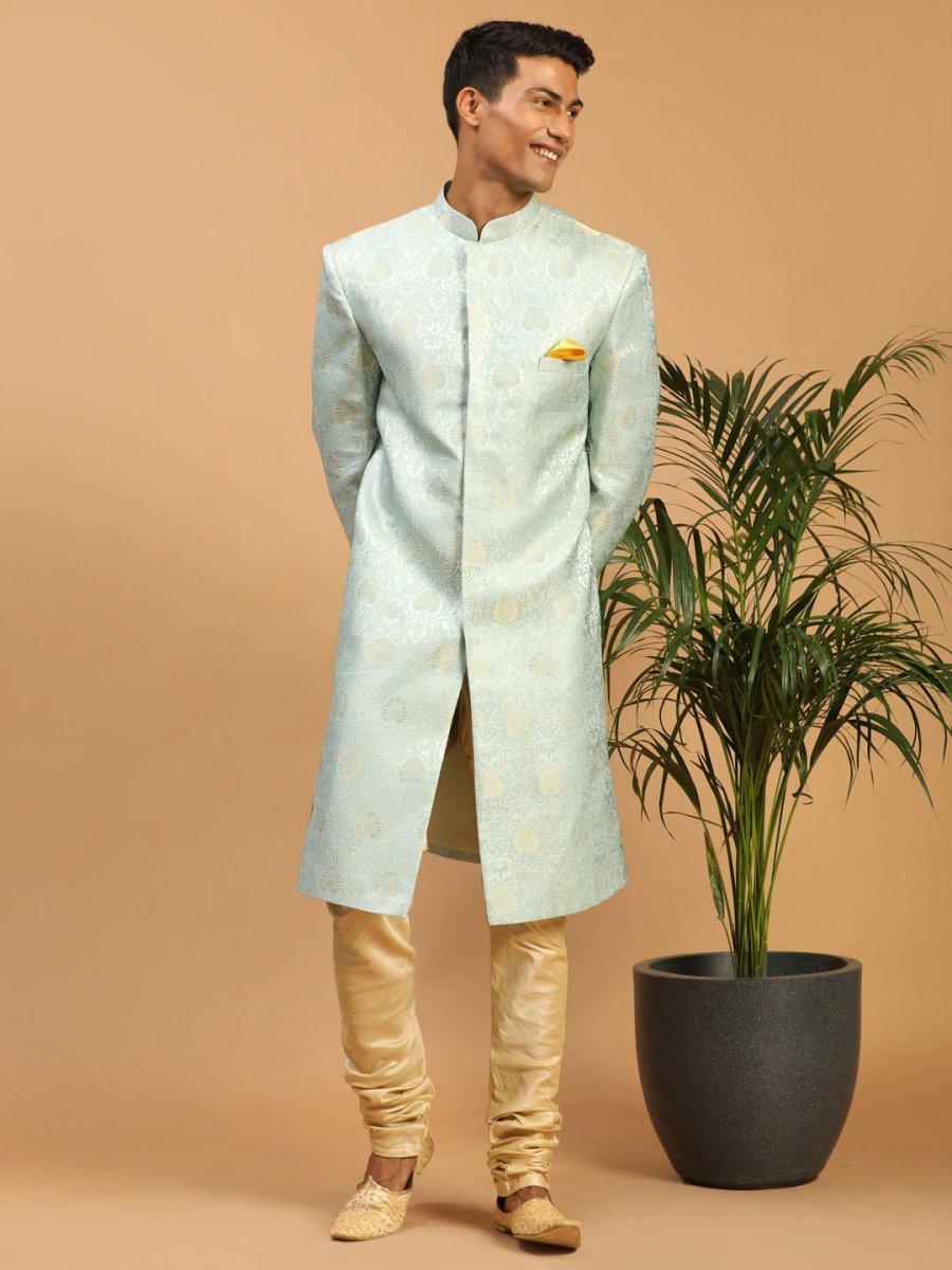 Men's Aqua Blue Woven Sherwani With Gold Pyjama Set - House of Sarvati LLC