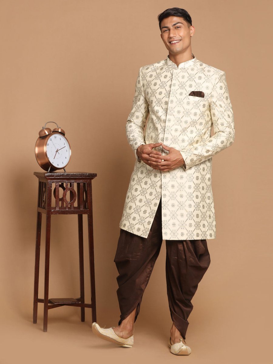 Men's Beige And Coffee Silk Blend Royal Looking Sherwani Set - House of Sarvati LLC