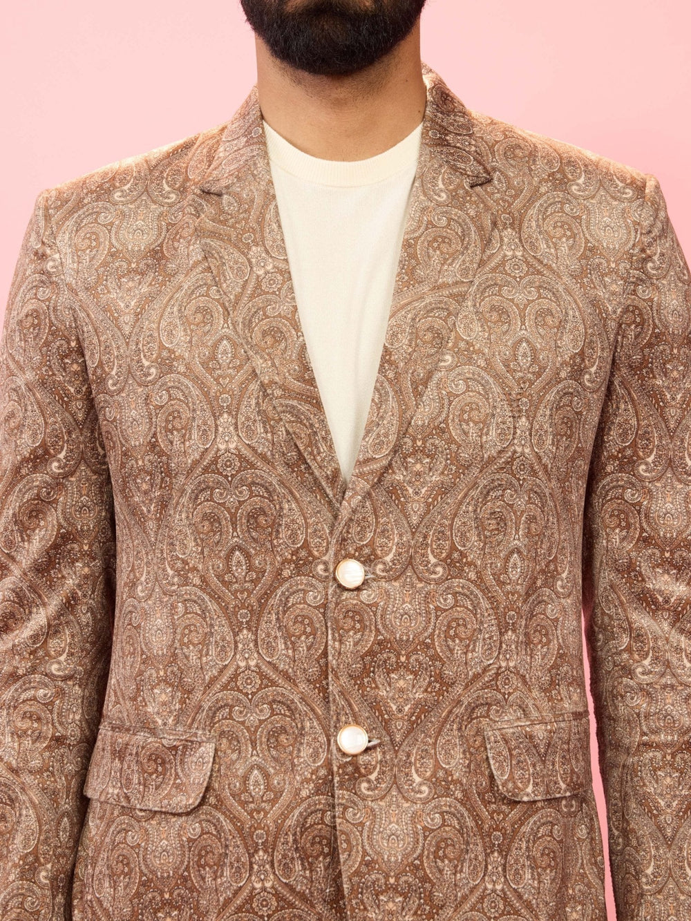 Men's Beige Velvet Paisley Digital Print Notch Collar Wedding Blazer - view 2