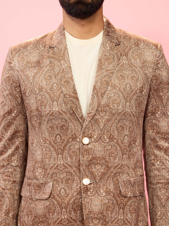 Men's Beige Velvet Paisley Digital Print Notch Collar Wedding Blazer - view 2