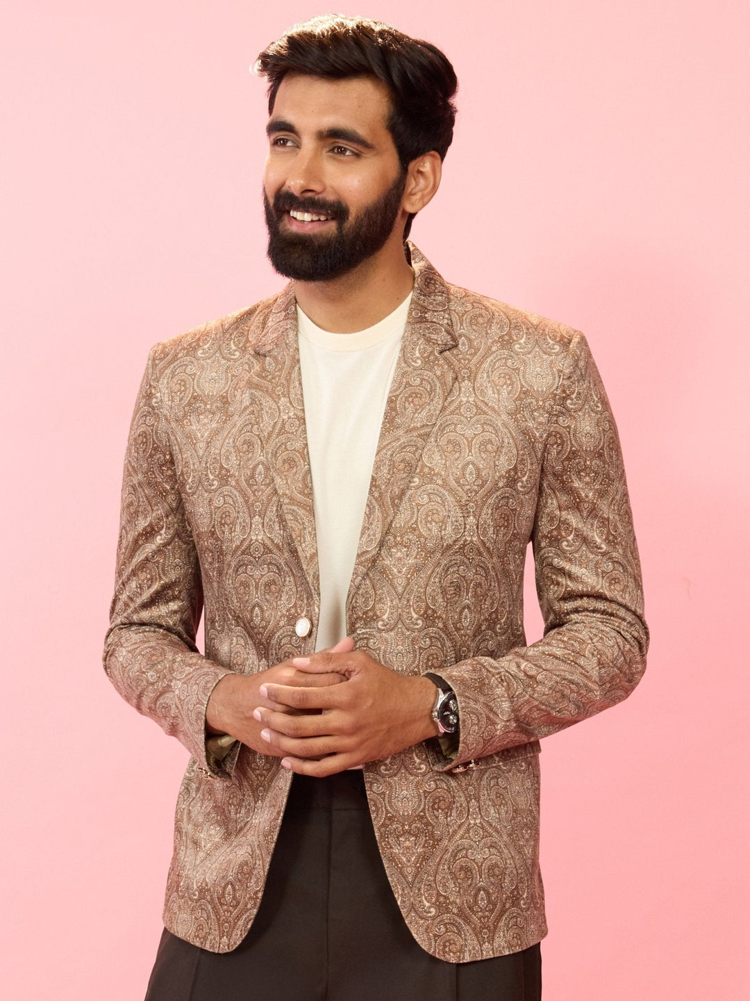 Men's Beige Velvet Paisley Digital Print Notch Collar Wedding Blazer - view 4
