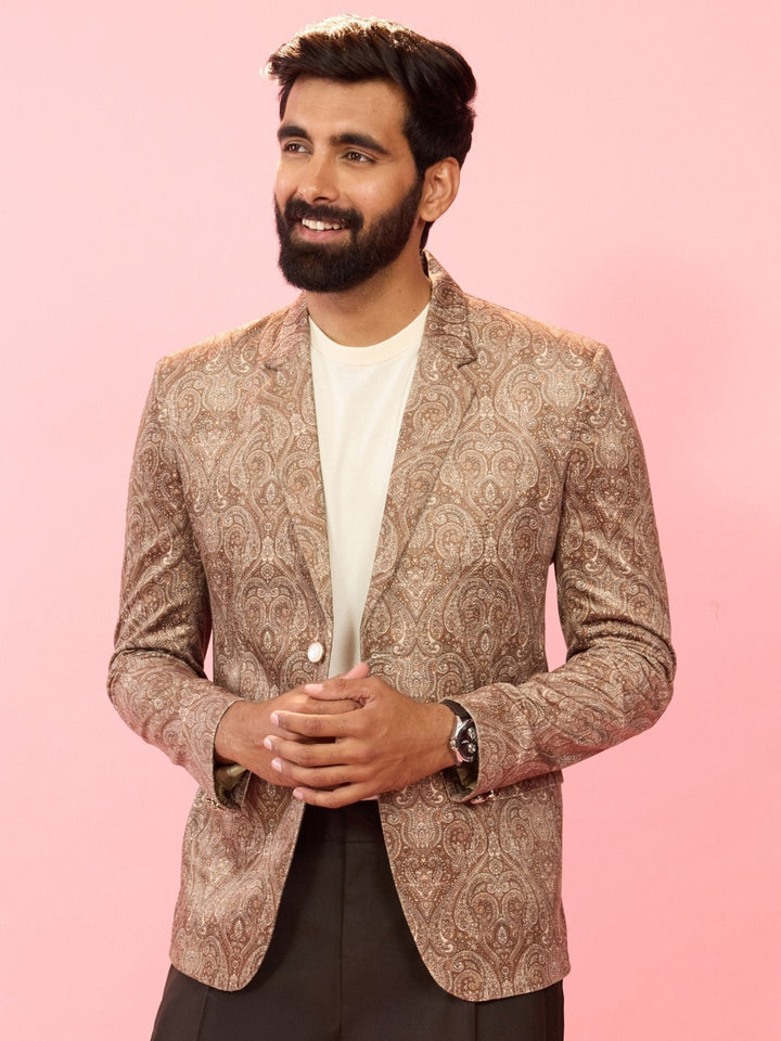 Men's Beige Velvet Paisley Digital Print Notch Collar Wedding Blazer - view 4