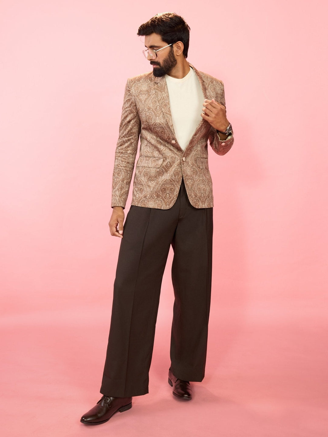 Men's Beige Velvet Paisley Digital Print Notch Collar Wedding Blazer - view 6