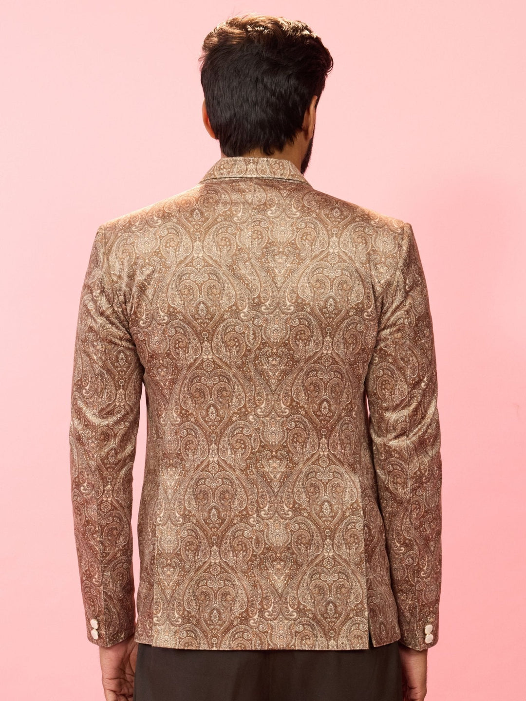 Men's Beige Velvet Paisley Digital Print Notch Collar Wedding Blazer - view 5