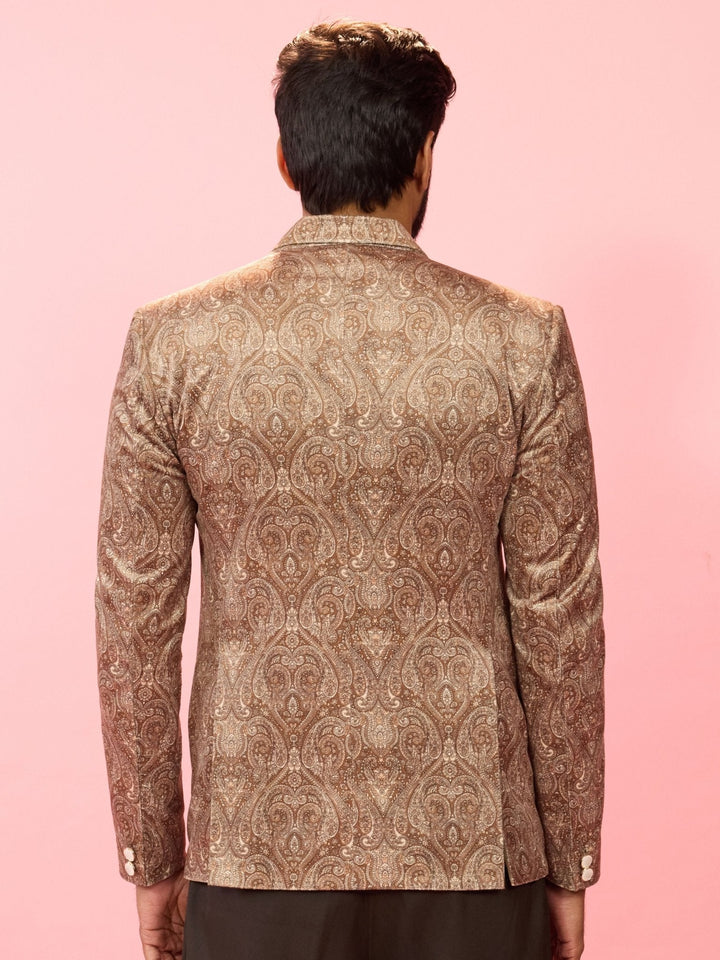 Men's Beige Velvet Paisley Digital Print Notch Collar Wedding Blazer - view 5