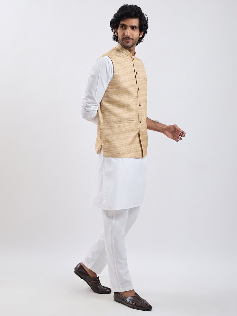 Men's Beige & White Jacket Kurta Pyjama Set - House of Sarvati LLC