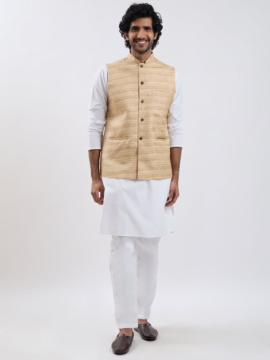 Men's Beige & White Jacket Kurta Pyjama Set - House of Sarvati LLC