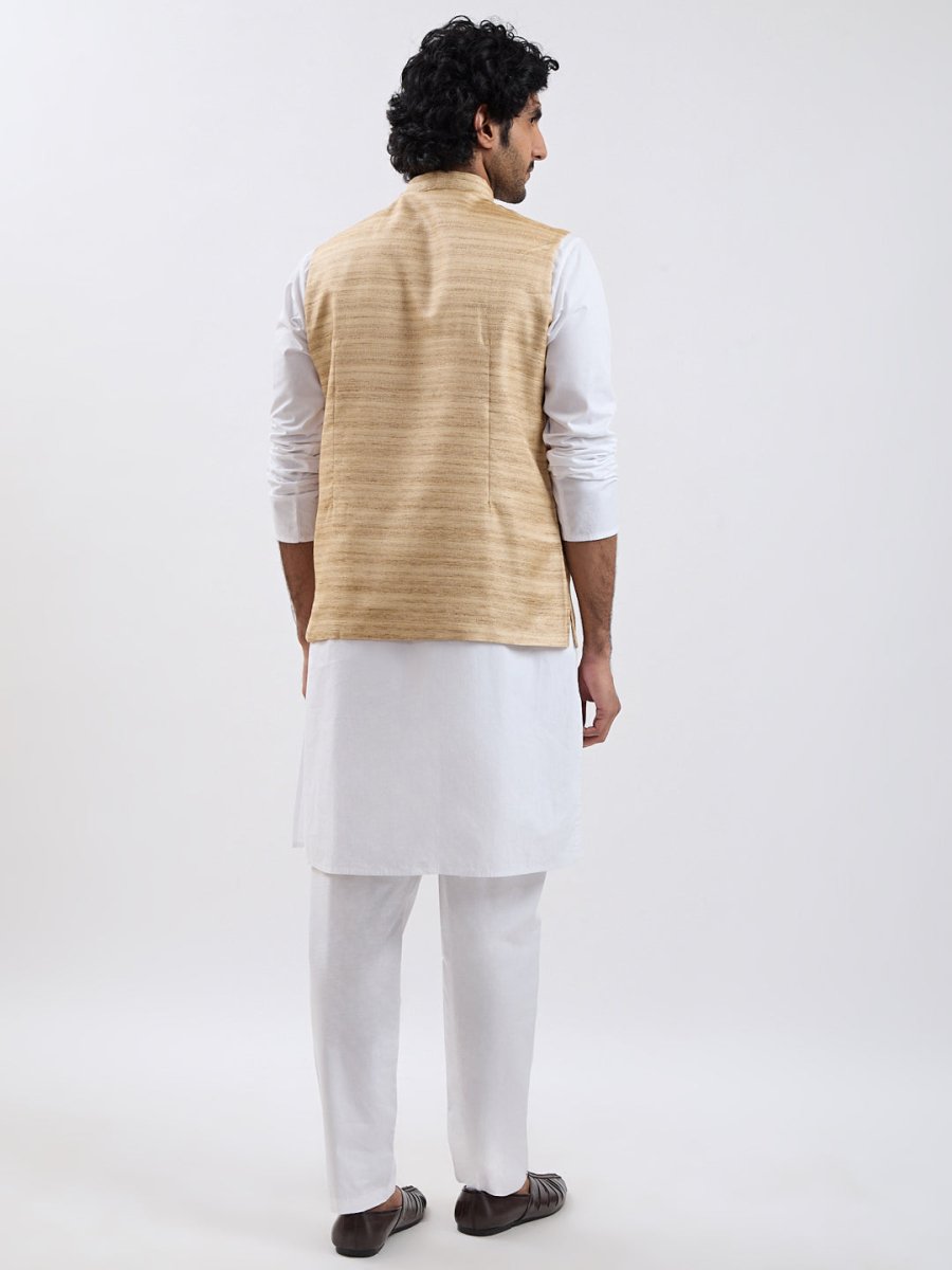 Men's Beige & White Jacket Kurta Pyjama Set - House of Sarvati LLC