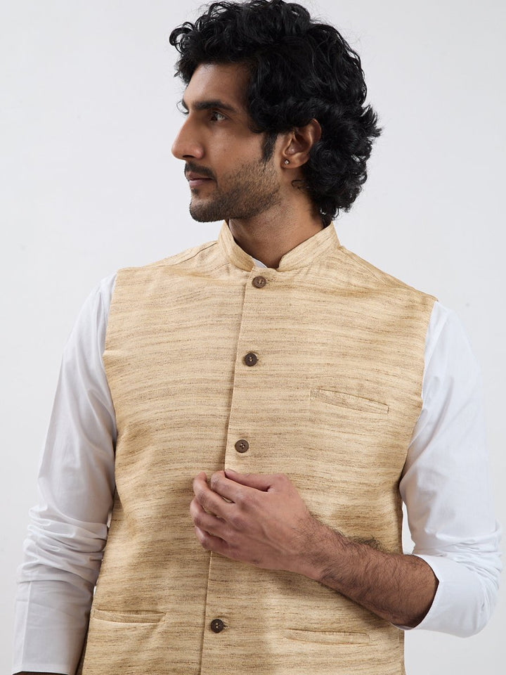 Men's Beige & White Jacket Kurta Pyjama Set - House of Sarvati LLC