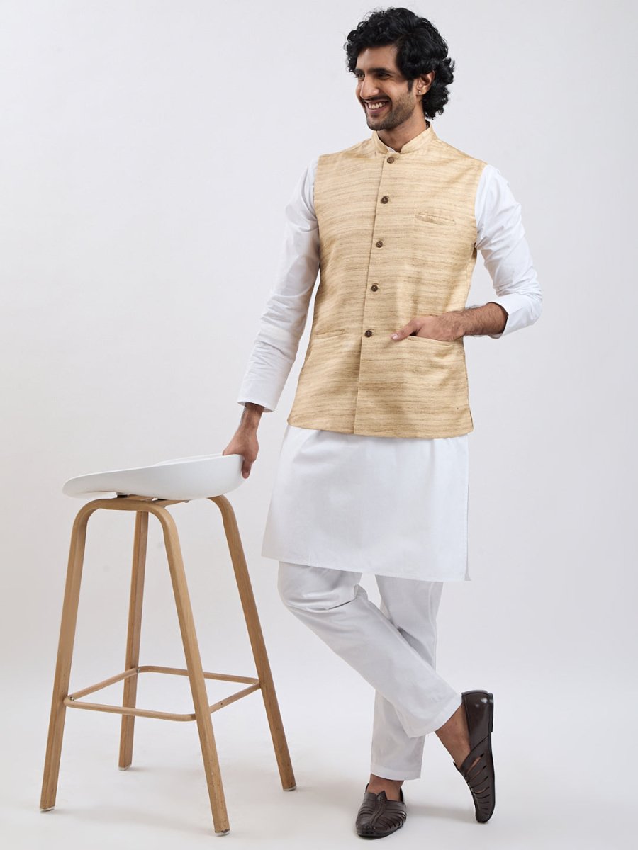 Men's Beige & White Jacket Kurta Pyjama Set - House of Sarvati LLC