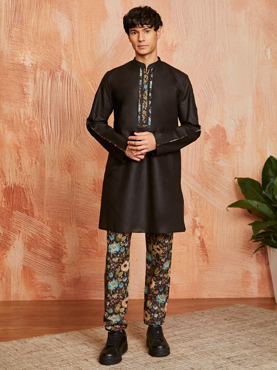 Men's Black Cotton Jacket Kurta and Pyjama Set - House of Sarvati LLC