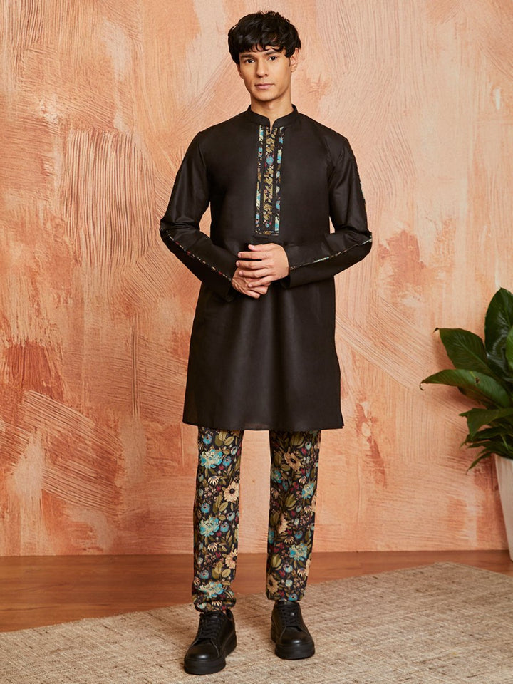Men's Black Cotton Jacket Kurta and Pyjama Set - House of Sarvati LLC
