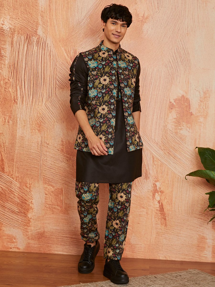 Men's Black Cotton Jacket Kurta and Pyjama Set - House of Sarvati LLC