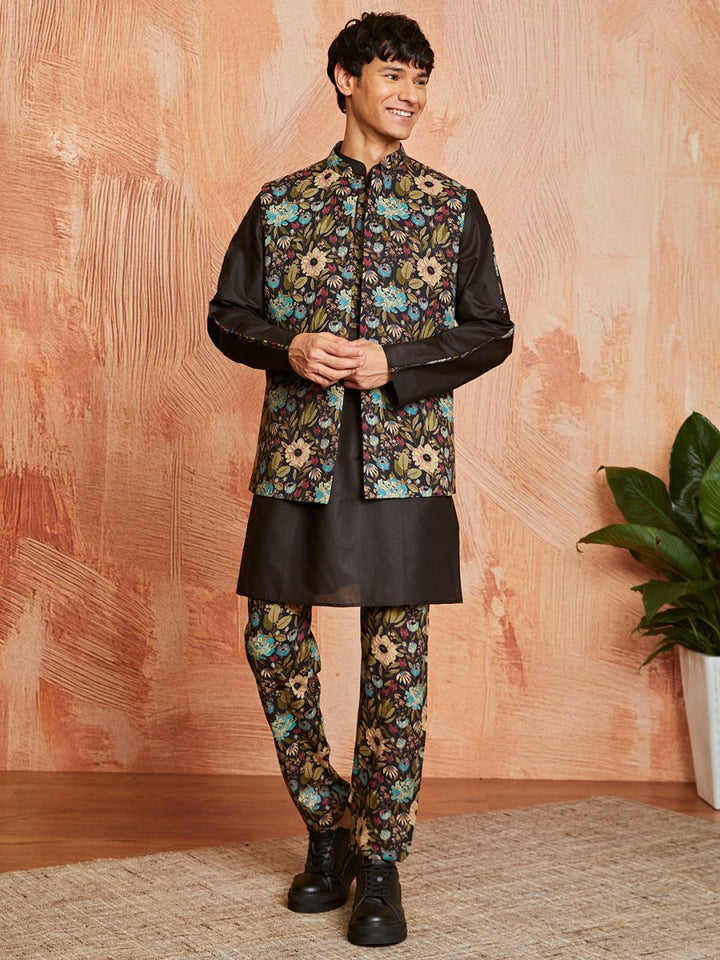 Men's Black Cotton Jacket Kurta and Pyjama Set - House of Sarvati LLC