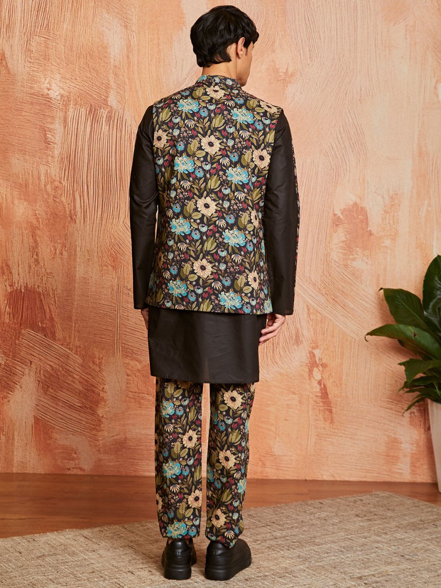 Men's Black Cotton Jacket Kurta and Pyjama Set - House of Sarvati LLC