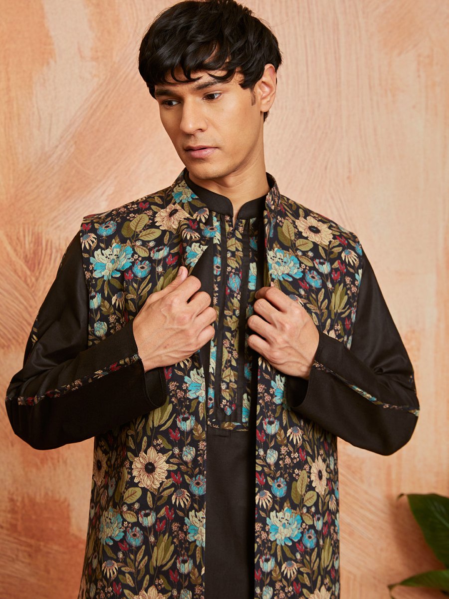 Men's Black Cotton Jacket Kurta and Pyjama Set - House of Sarvati LLC
