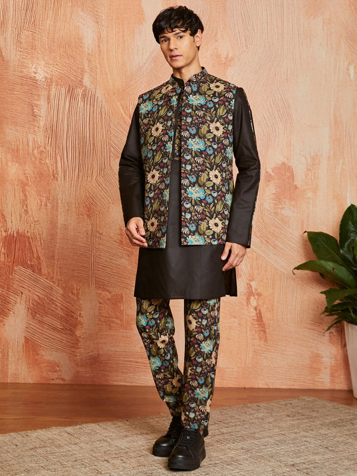 Men's Black Cotton Jacket Kurta and Pyjama Set - House of Sarvati LLC