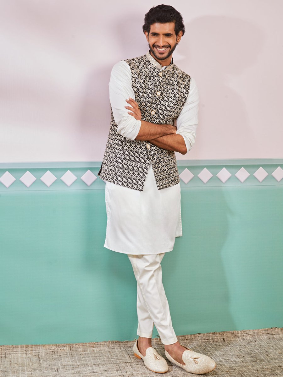 Men's Black Fine Satin Nehru Jacket, Kurta And Pyjama Set. - House of Sarvati LLC