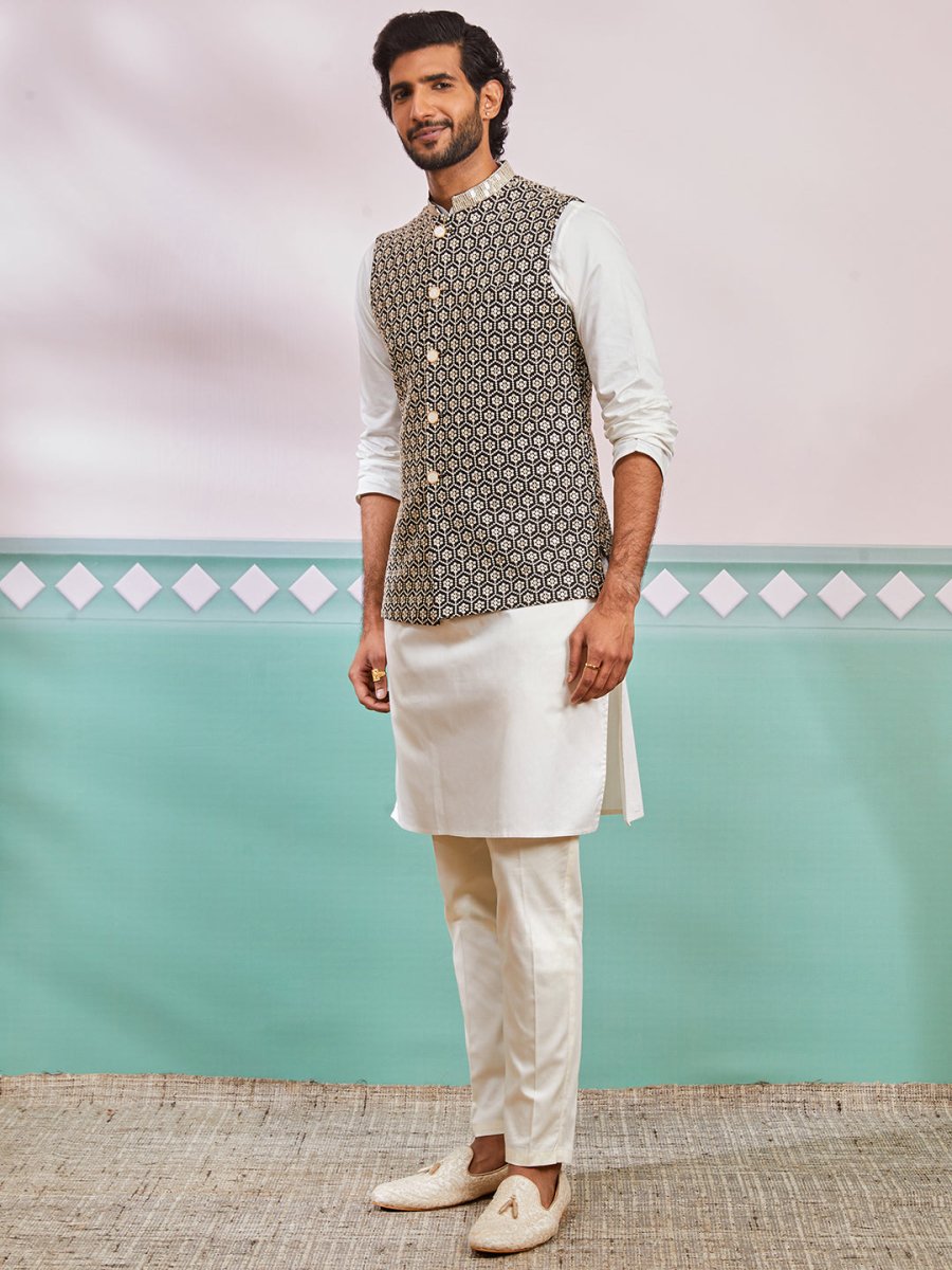 Men's Black Fine Satin Nehru Jacket, Kurta And Pyjama Set. - House of Sarvati LLC