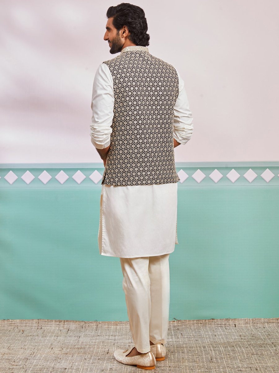 Men's Black Fine Satin Nehru Jacket, Kurta And Pyjama Set. - House of Sarvati LLC