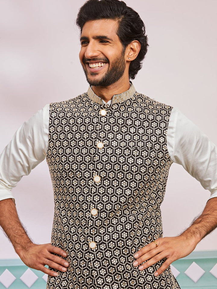 Men's Black Fine Satin Nehru Jacket, Kurta And Pyjama Set. - House of Sarvati LLC