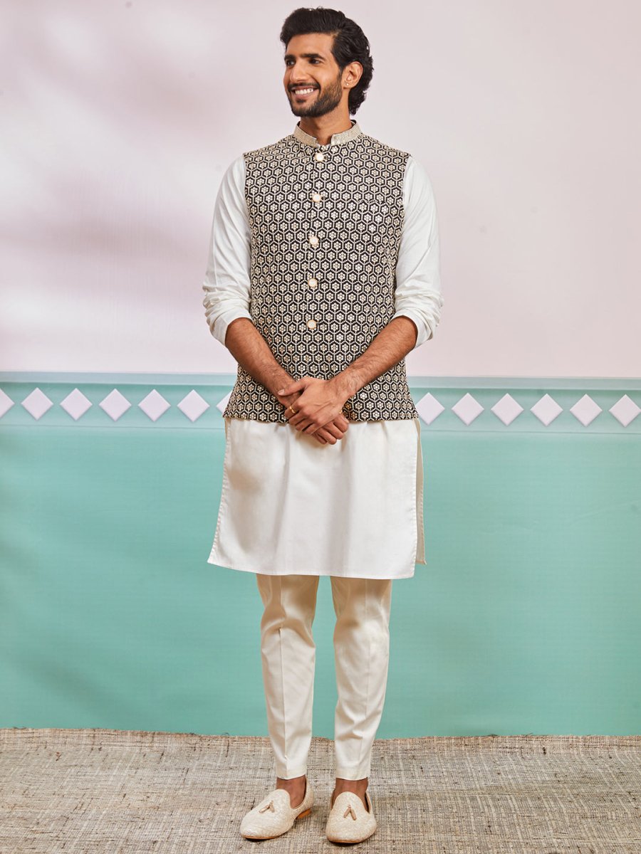 Men's Black Fine Satin Nehru Jacket, Kurta And Pyjama Set. - House of Sarvati LLC
