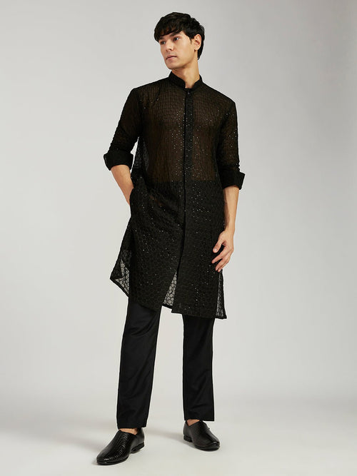 Black Georgette Kurta Pant Set for Men