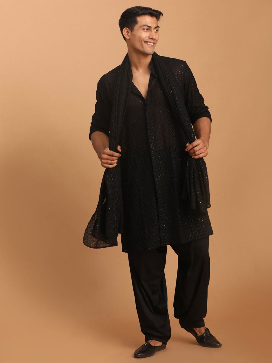 Men's Black Georgette Sequined Dupatta - House of Sarvati LLC