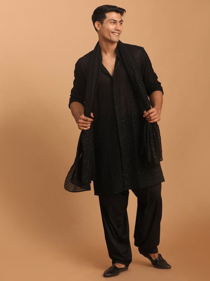 Men's Black Georgette Sequined Dupatta - House of Sarvati LLC