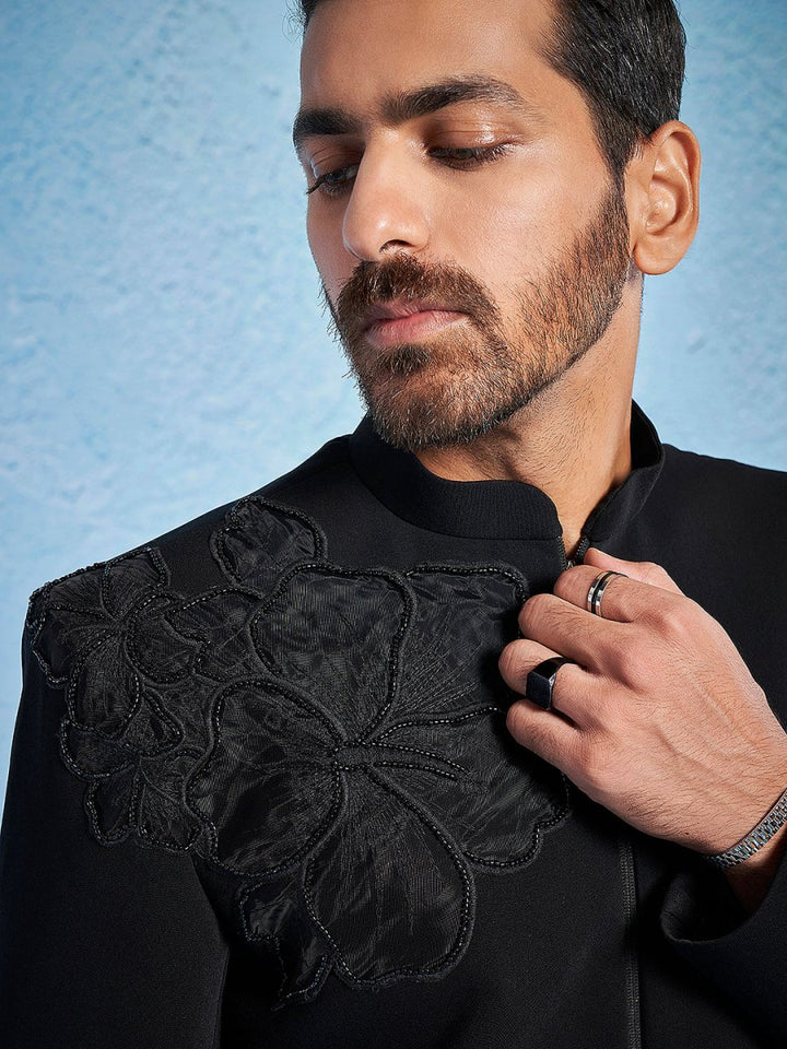 Men's Black Imported Suiting Lycra Sherwani Set - House of Sarvati LLC