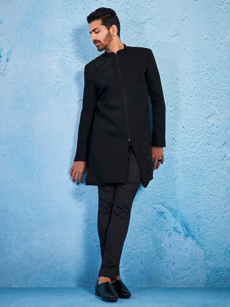 Men's Black Imported Suiting Lycra Sherwani Set - House of Sarvati LLC