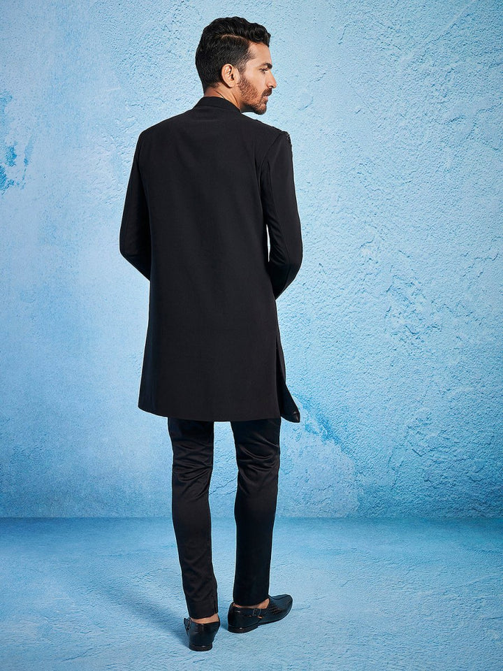 Men's Black Imported Suiting Lycra Sherwani Set - House of Sarvati LLC