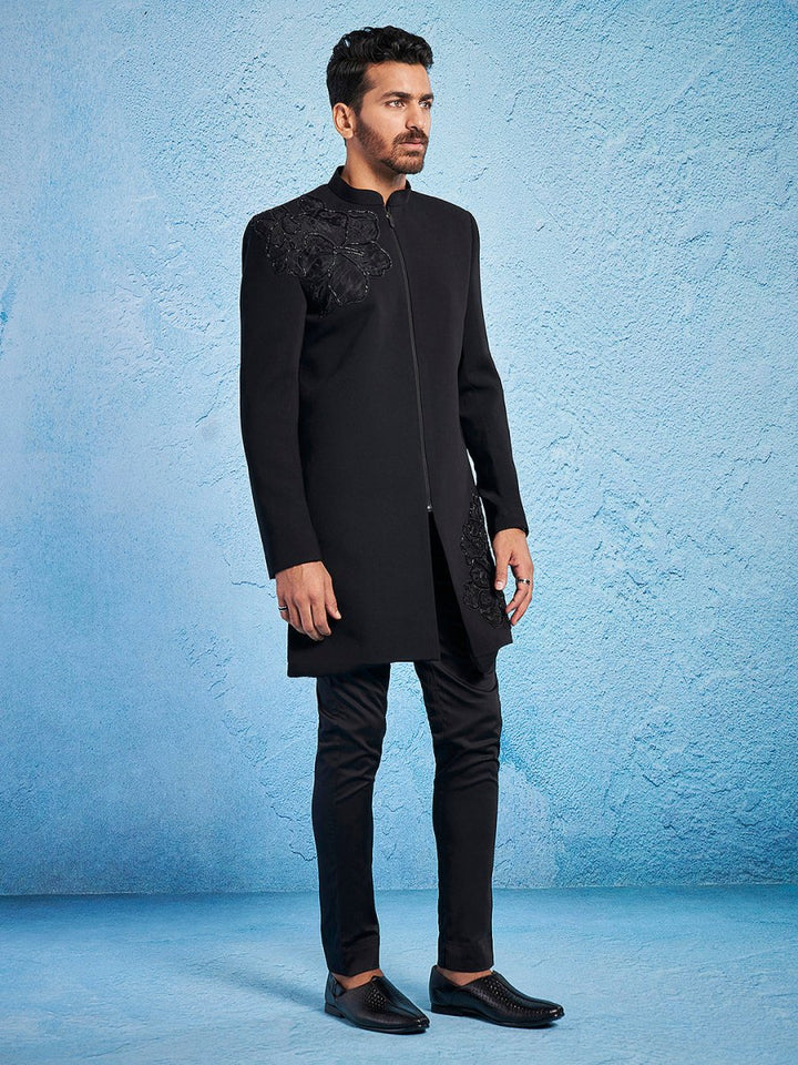 Men's Black Imported Suiting Lycra Sherwani Set - House of Sarvati LLC