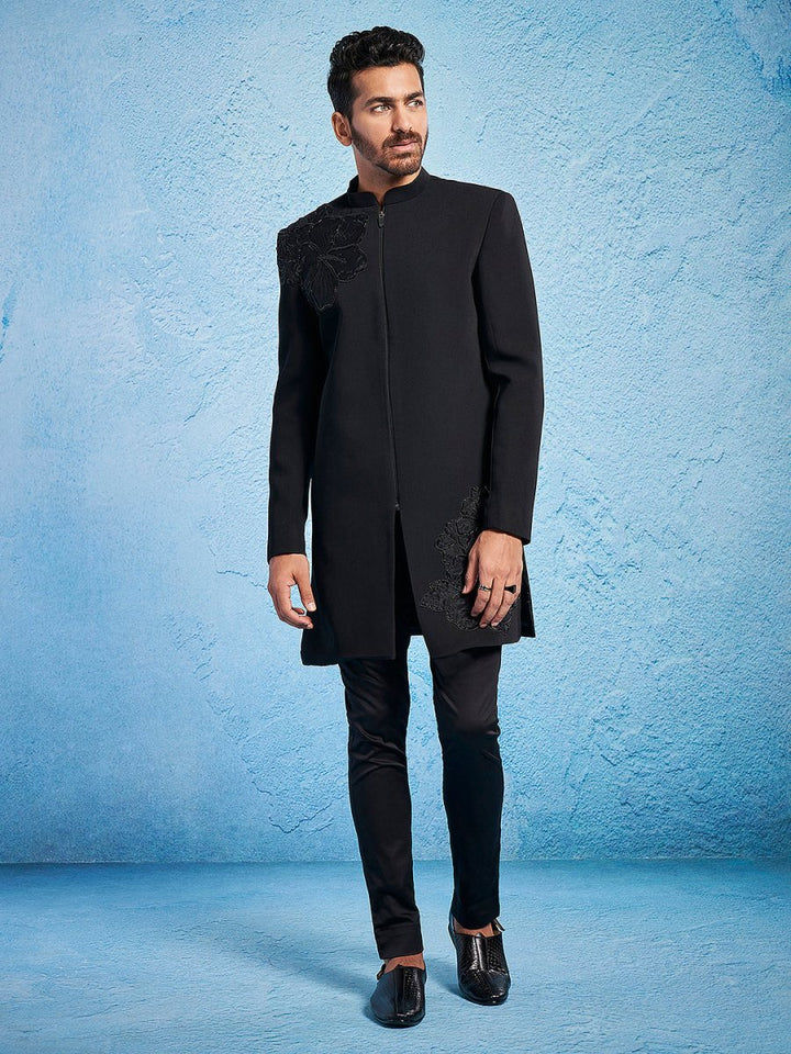 Men's Black Imported Suiting Lycra Sherwani Set - House of Sarvati LLC