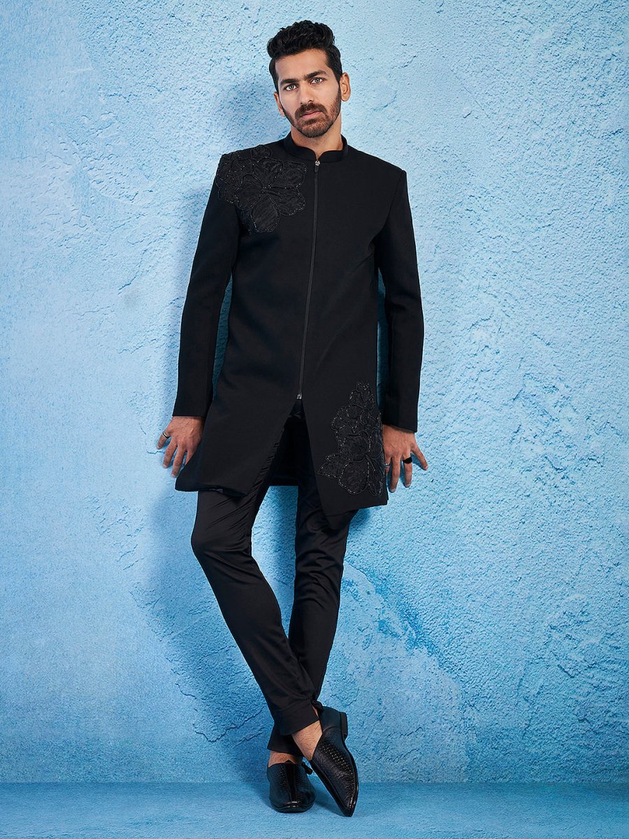 Men's Black Imported Suiting Lycra Sherwani Set - House of Sarvati LLC