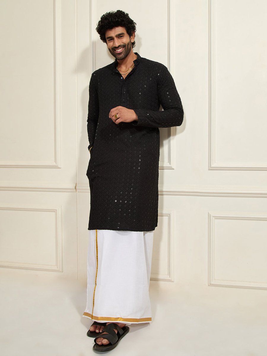 Men's Black Rayon Cotton Kurta And Mundu Set - House of Sarvati LLC