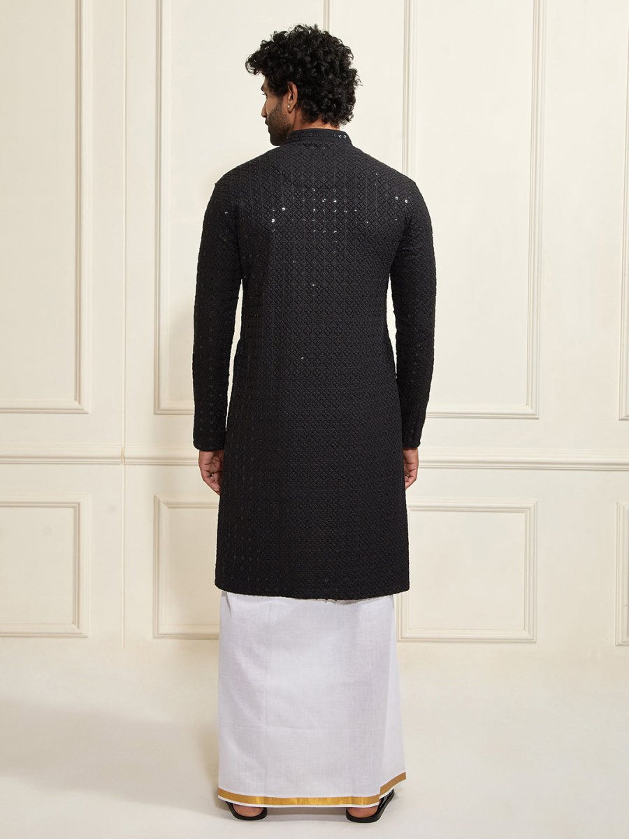 Men's Black Rayon Cotton Kurta And Mundu Set - House of Sarvati LLC