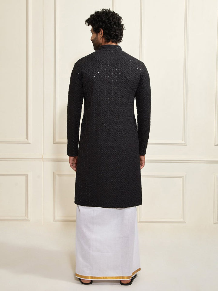Men's Black Rayon Cotton Kurta And Mundu Set - House of Sarvati LLC