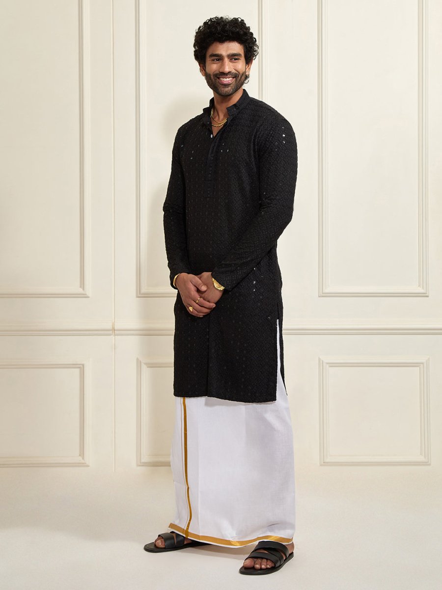 Men's Black Rayon Cotton Kurta And Mundu Set - House of Sarvati LLC