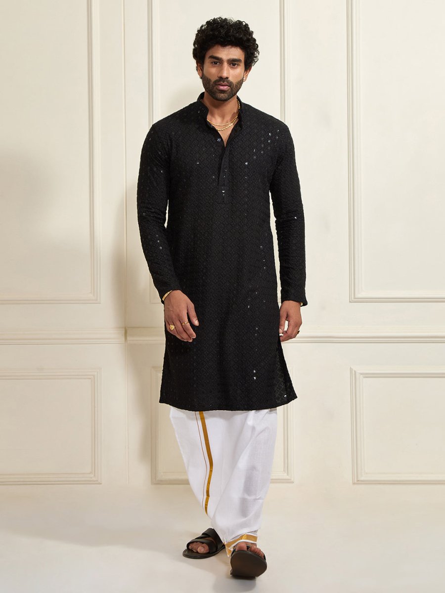 Men's Black Rayon Cotton Kurta And Mundu Set - House of Sarvati LLC