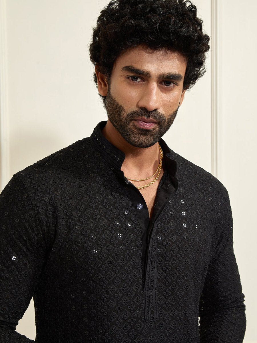 Men's Black Rayon Cotton Kurta And Mundu Set - House of Sarvati LLC