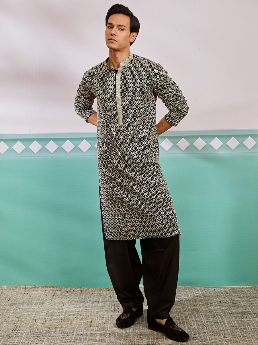 Men's Black Rayon Kurta & Patiala Set - House of Sarvati LLC