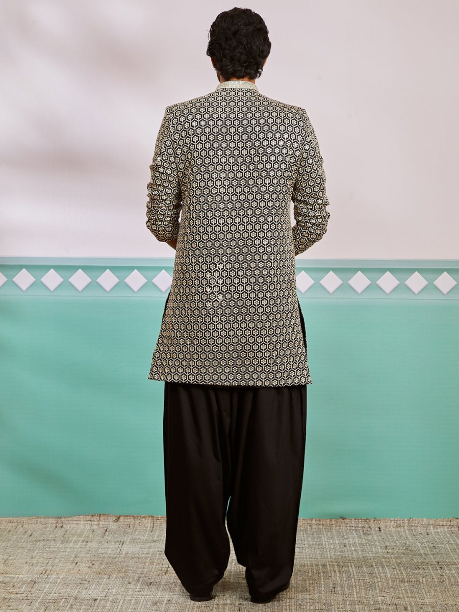 Men's Black Rayon Sherwani & Patiala Set - House of Sarvati LLC