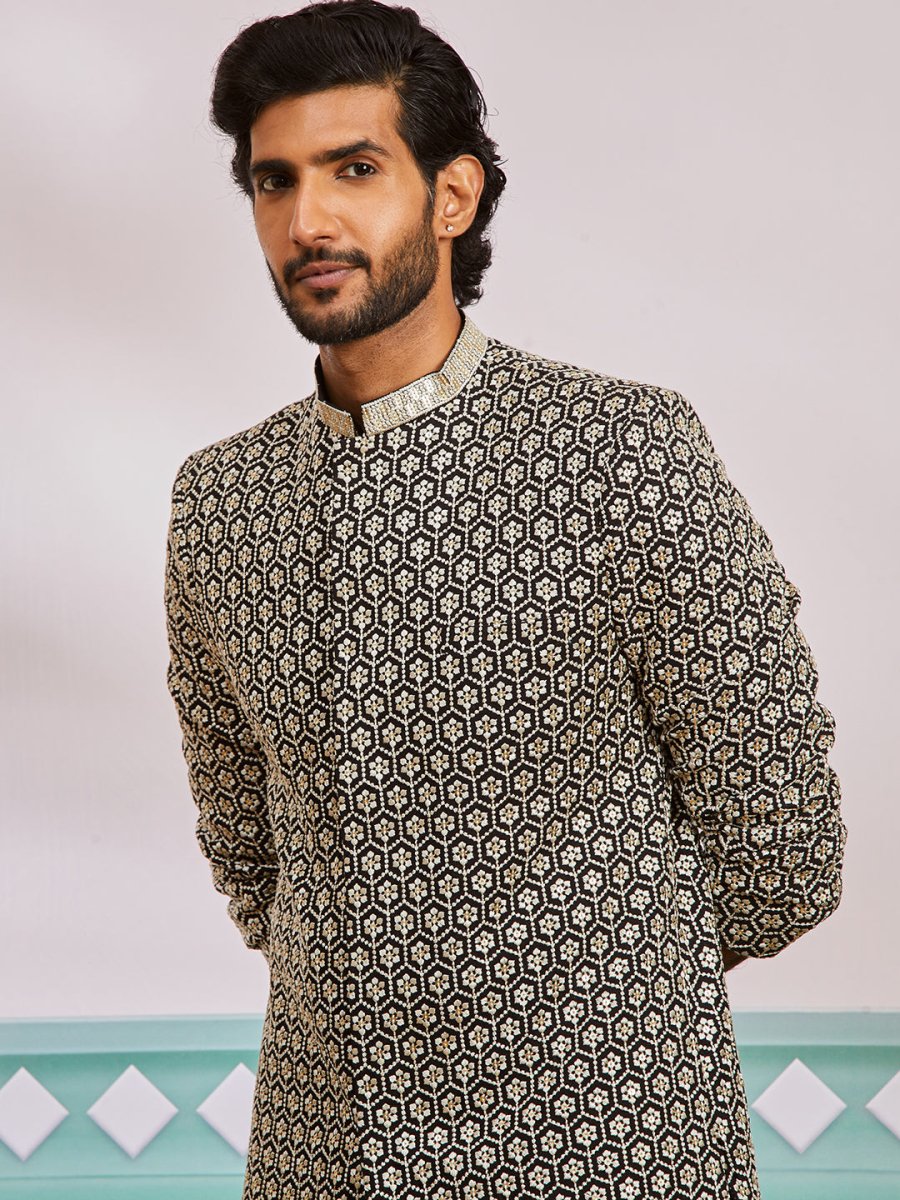 Men's Black Rayon Sherwani & Patiala Set - House of Sarvati LLC