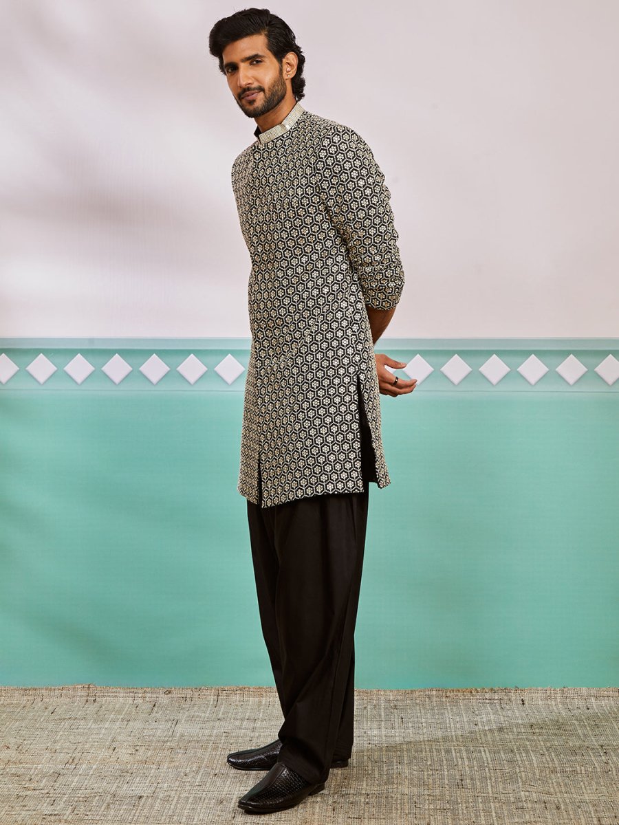 Men's Black Rayon Sherwani & Patiala Set - House of Sarvati LLC