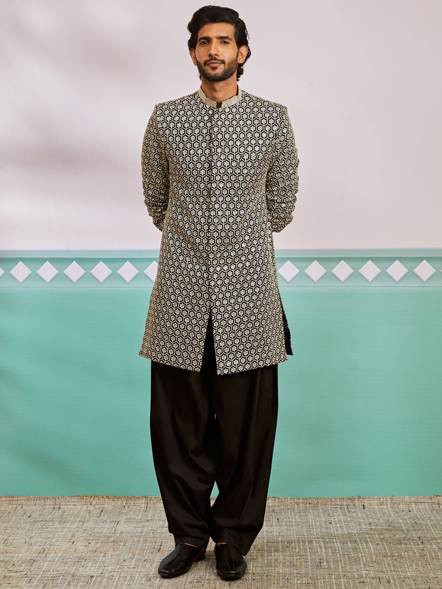 Men's Black Rayon Sherwani & Patiala Set - House of Sarvati LLC